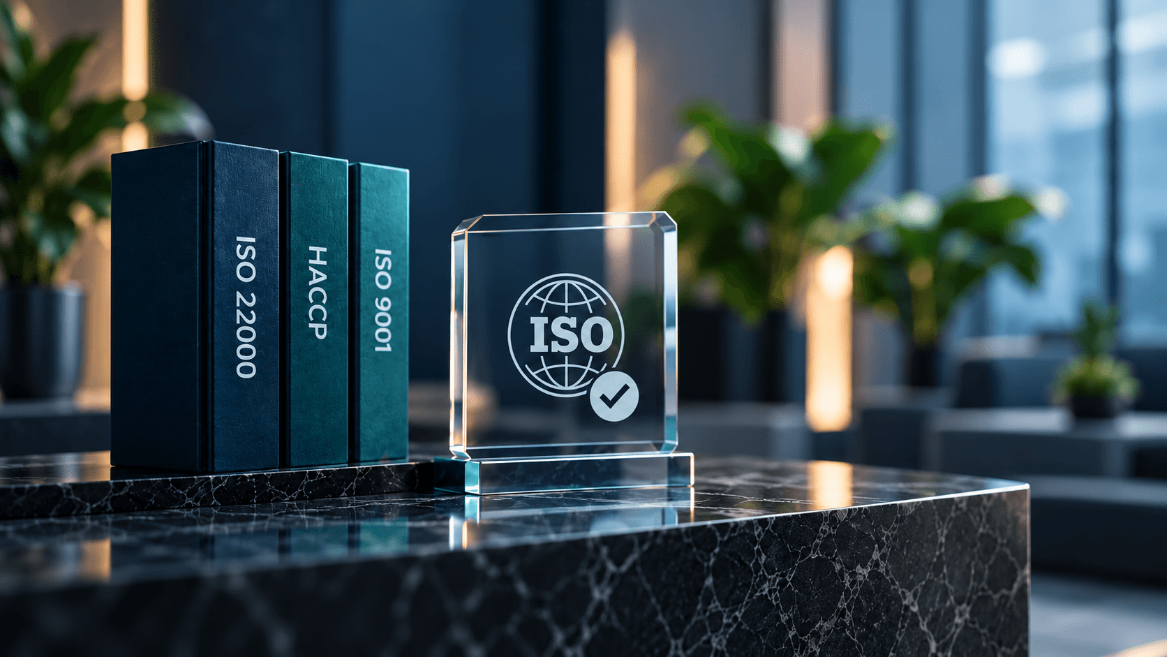 ISO 22000, HACCP, and ISO 9001 certification binders with ISO trophy